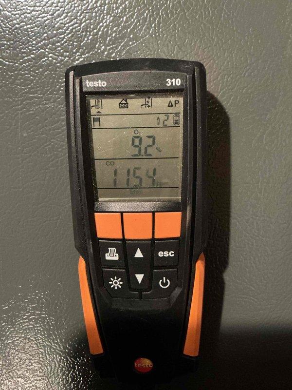 Performed routine heating maintenance on 12-year-old MVP system. Conducted combustion analysis using Testo 310 analyzer, measuring oxygen levels (9.2-9.5%) and carbon monoxide (115.4-1155 ppm). Service completed within scheduled timeframe.