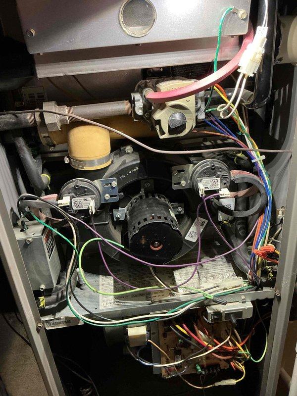 Responded to a no heat call for a 20-year-old Lennox furnace. Upon inspection, accessed interior components including blower assembly, pressure switches, gas valve, and control boards. Diagnosed and serviced the unit, restoring heating functionality. Customer was advised of proper operation and maintenance requirements.