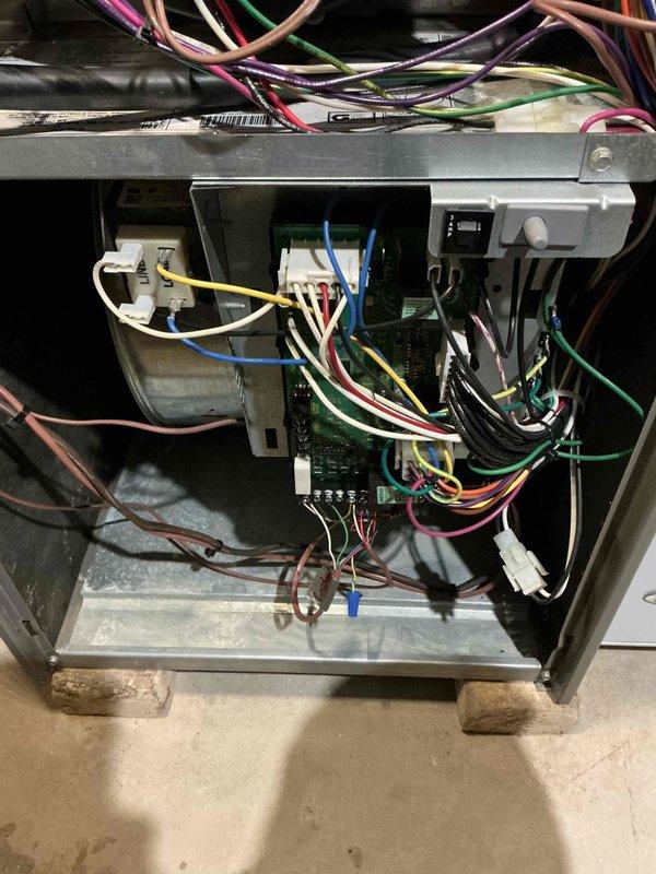 Performed routine maintenance on 14-year-old Lennox gas furnace. Inspected electrical components including circuit boards and wiring connections. System is functioning within manufacturer parameters with no immediate concerns identified.