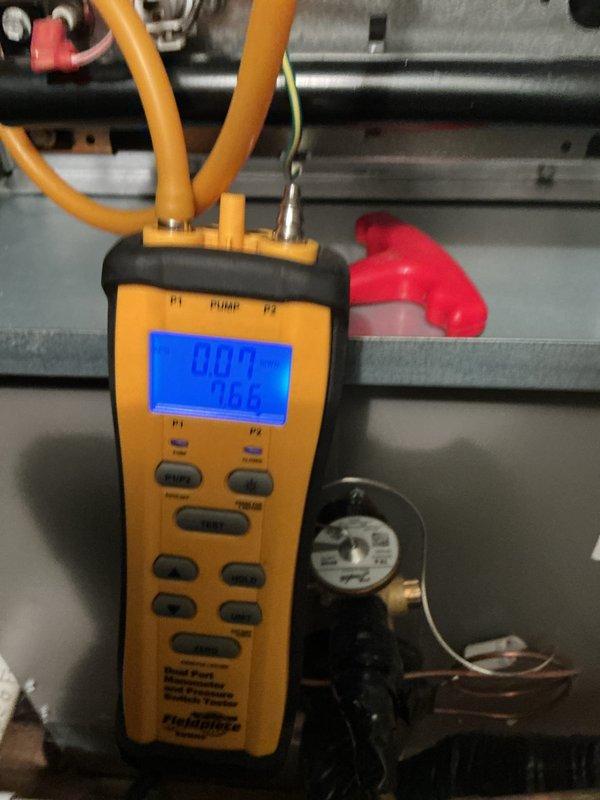 Performed comprehensive preventative maintenance on 2-year-old furnace. Conducted gas pressure testing with Fieldpiece manometer (reading 004/466) to verify proper operation. Measured supply air temperature (59°F) to confirm heating performance within specifications. All systems functioning correctly with no issues identified.