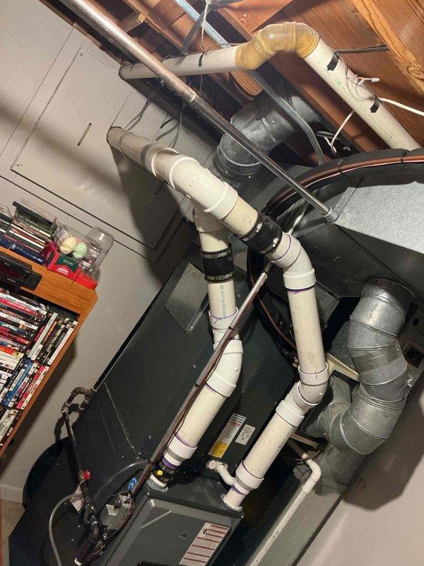 Performed scheduled maintenance service on Amana furnace system. Inspected complete heating assembly including furnace unit, ventilation components, condensate drainage system, and all connected ductwork. All systems operating within normal parameters with no issues identified.