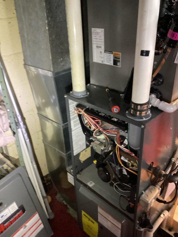 Responded to no-heat call for 13-year-old MVP furnace. Upon inspection of the unit located in basement, accessed internal components to diagnose system failure. Performed necessary repairs and verified proper operation of heating system, restoring functionality to the aging equipment.