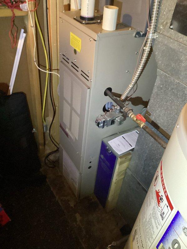 Diagnosed no heat complaint with screeching noise. Inspected furnace system with connected humidifier and found failed blower motor bearing causing the noise and airflow restriction. Replaced motor assembly, lubricated bearings, and verified proper operation of all components. System now functioning normally with appropriate heat output and no unusual sounds.