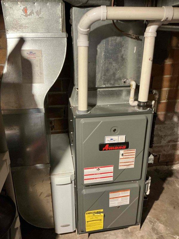 Performed scheduled maintenance on Amana furnace system. Inspected furnace components, PVC venting system, and associated ductwork for proper installation and function. All systems operating within normal parameters with no issues detected.