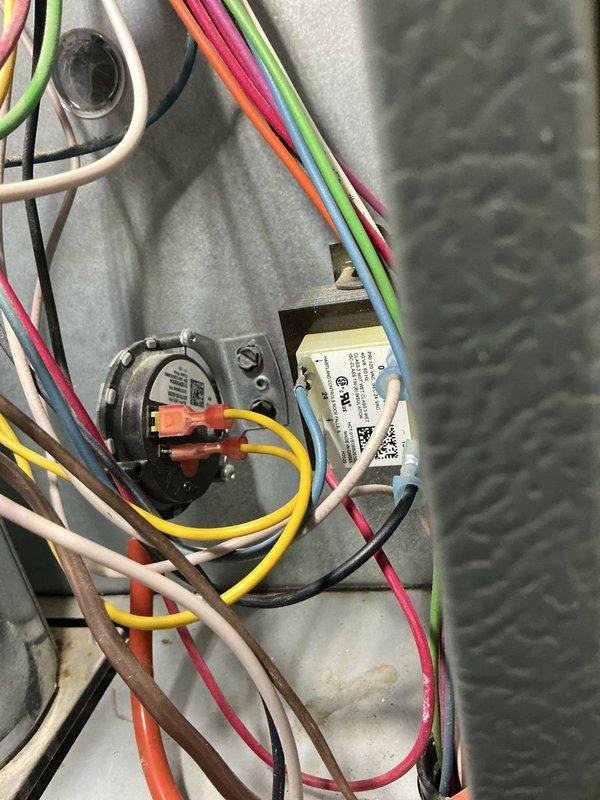 Responded to no heat call for natural gas furnace. Inspected electrical components including pressure switch and control module. Examined blower motor assembly and wiring connections. Restored heating functionality after diagnosing and resolving the issue.