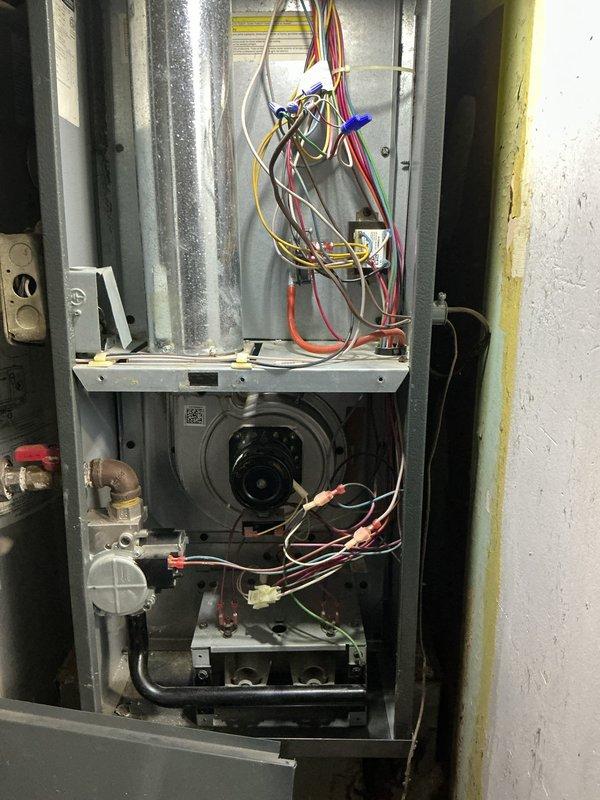 Responded to no heat call for natural gas furnace. Inspected electrical components including pressure switch and control module. Examined blower motor assembly and wiring connections. Restored heating functionality after diagnosing and resolving the issue.
