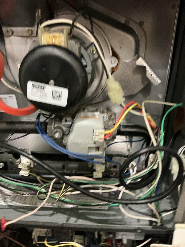 Performed routine maintenance on 4-year-old gas furnace. Inspected blower motor assembly, electrical connections, and wiring integrity. Examined attached humidifier system and verified proper integration with existing ductwork. All components functioning within normal parameters with no issues detected.
