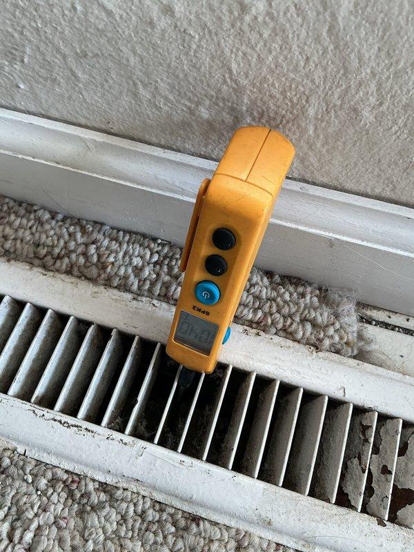 Responded to service call for non-operational 8-year-old furnace. Inspected system and performed airflow measurements at floor registers. Replaced dirty air filter (16x25x1) which was restricting proper airflow. System restored to normal operation after filter replacement.