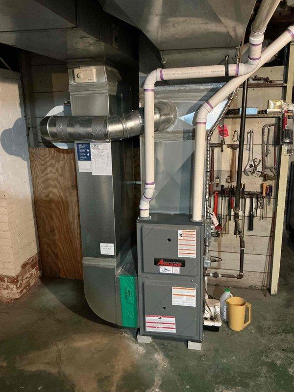 Performed comprehensive furnace tune-up service including inspection of the system components and replacement of the dirty 16 x 25 air filter. Examined the PVC venting system and ductwork connections for proper installation and function. Unit is operating within normal parameters after service completion.