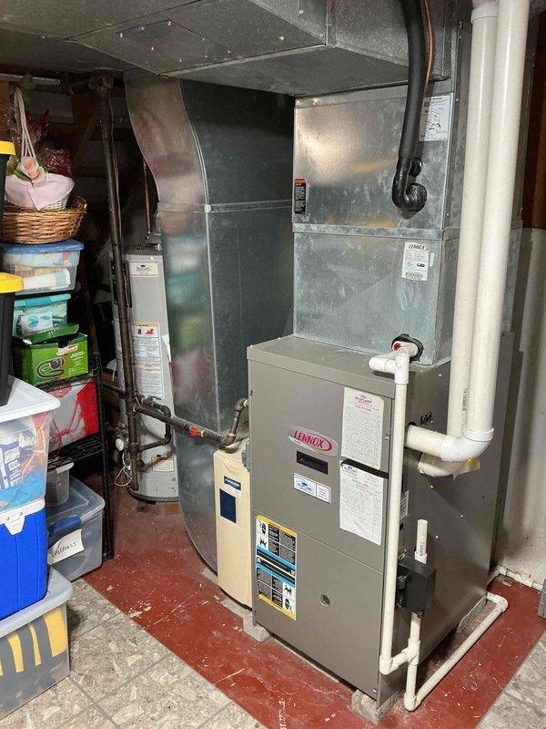 Performed routine maintenance on Lennox natural gas furnace. Inspected system components, ductwork connections, and PVC venting. Noted in service record that customer requires follow-up appointment after 2pm.