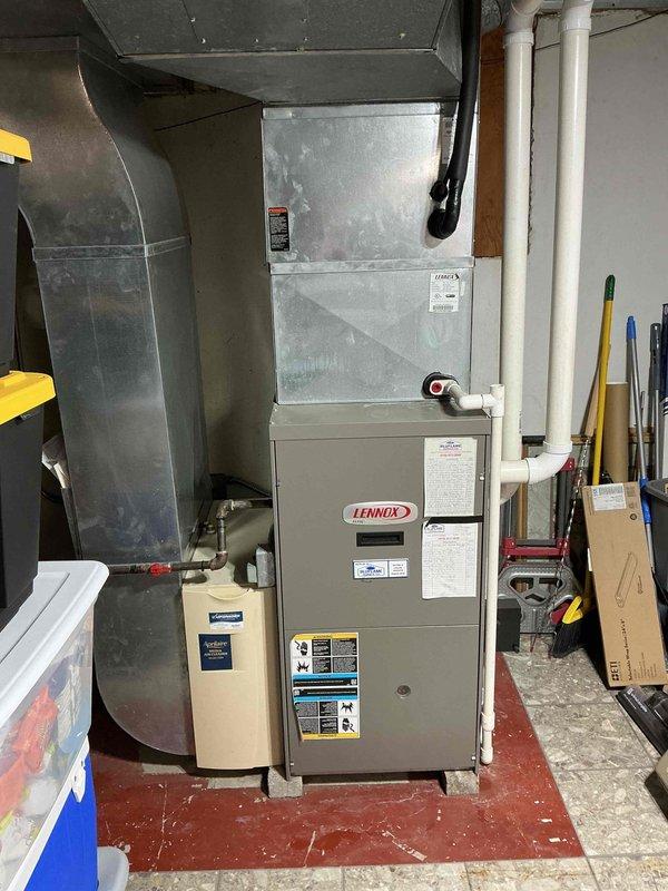 Performed routine maintenance on Lennox natural gas furnace. Inspected system components, ductwork connections, and PVC venting. Noted in service record that customer requires follow-up appointment after 2pm.