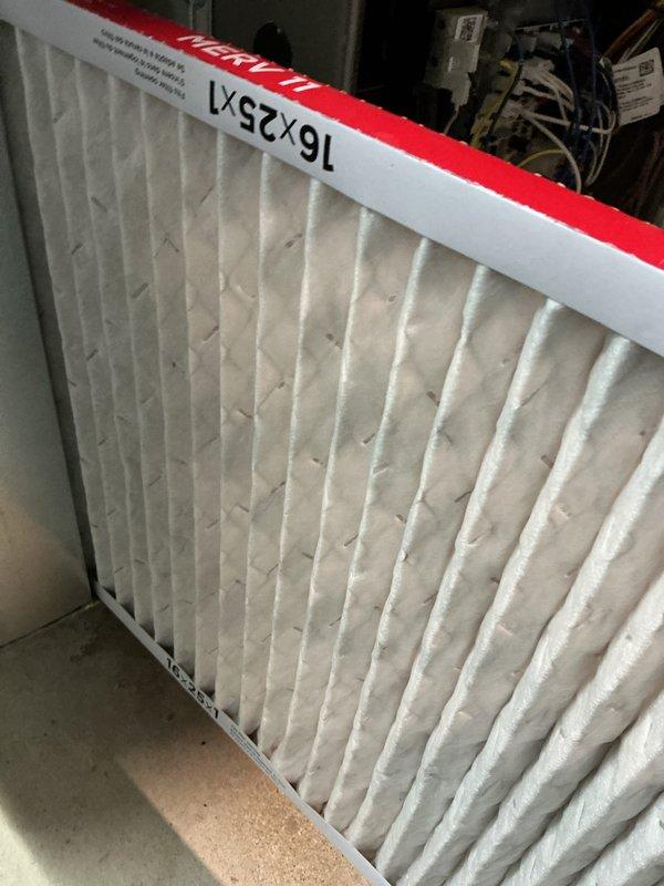 Performed scheduled maintenance on 3-year-old gas furnace. Checked system operation and measured ambient humidity level (37.8%). Inspected and evaluated existing air filter (16x25x1), which showed normal dust accumulation consistent with regular usage. Reviewed maintenance plan options with customer.