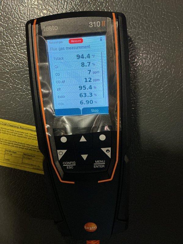 Completed MVP-furnace maintenance service with combustion analysis showing optimal efficiency readings (95.0-95.4%) and safe CO levels (7 ppm). System is operating within manufacturer specifications with proper air/fuel mixture. Noted customer requires 16x25 pop-up filter for future replacement.