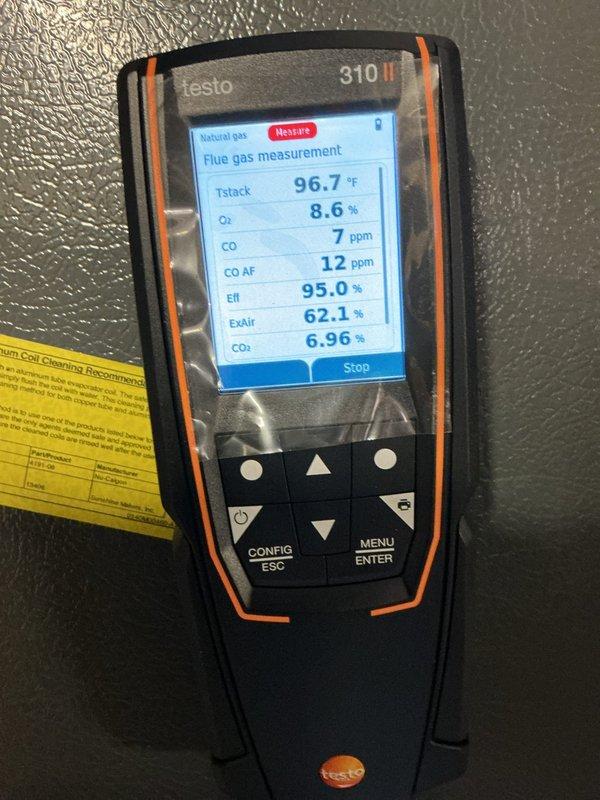 Completed MVP-furnace maintenance service with combustion analysis showing optimal efficiency readings (95.0-95.4%) and safe CO levels (7 ppm). System is operating within manufacturer specifications with proper air/fuel mixture. Noted customer requires 16x25 pop-up filter for future replacement.