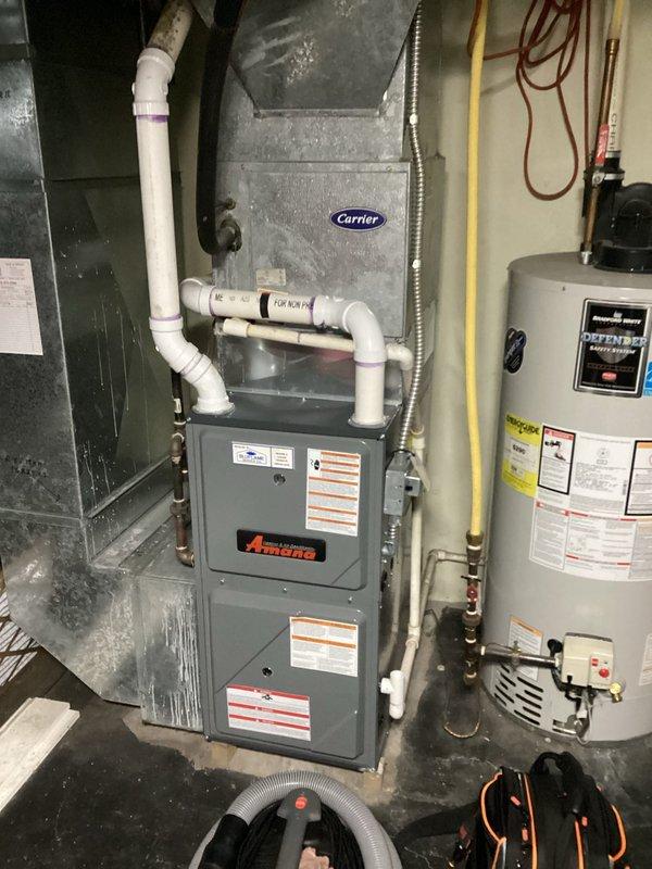 Performed scheduled furnace maintenance on Amana heating system in basement mechanical room. Inspected ductwork, PVC drainage system, and gas lines for proper operation and safety. Provided customer with requested quote for new A/C unit as discussed during the appointment.