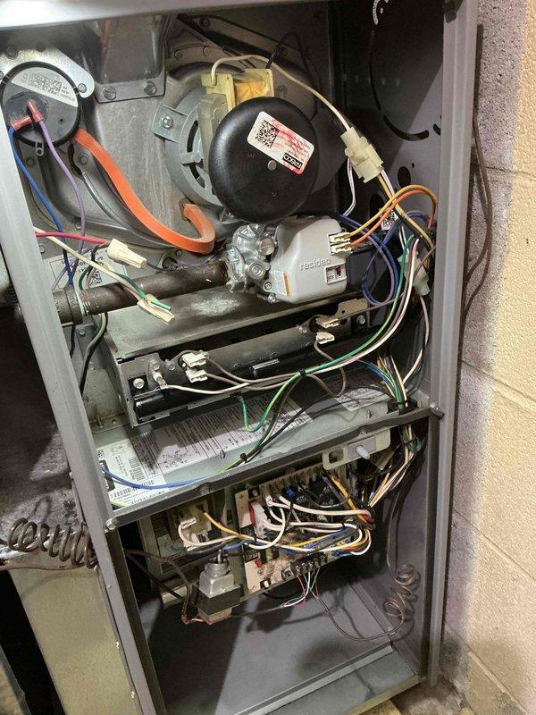 Responded to no-heat call for furnace with failure to operate. Diagnostic inspection revealed inoperative motor/fan assembly with visible wiring issues. Replaced blower motor and performed system check to restore proper operation of the heating system.