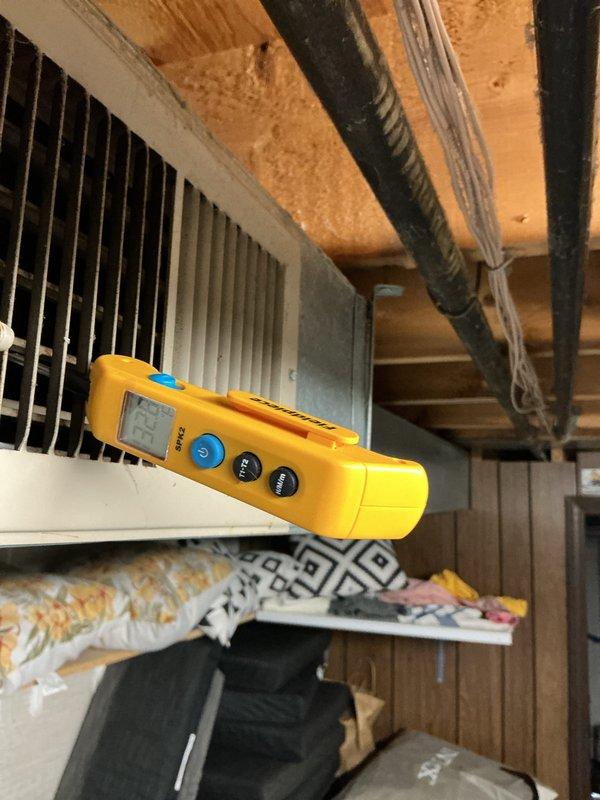 Performed scheduled furnace maintenance on 1-5 MVP unit. Conducted airflow measurements showing 22 degrees at register, indicating proper function. System components, including PVC condensate drainage and ductwork, were inspected and found to be in good working order.