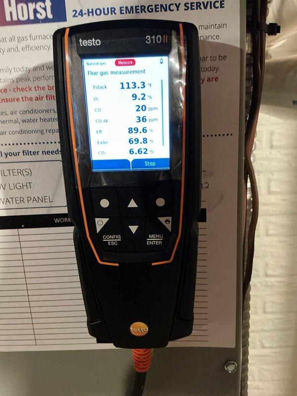 Performed furnace tune-up in accordance with service plan. Conducted comprehensive combustion analysis using Testo 310 gas analyzer, confirming system efficiency at 89.6% with acceptable CO levels (20 ppm). Inspected and tested all electrical components, verified proper operation of the PVC venting system, and completed standard maintenance procedures on the gas furnace.