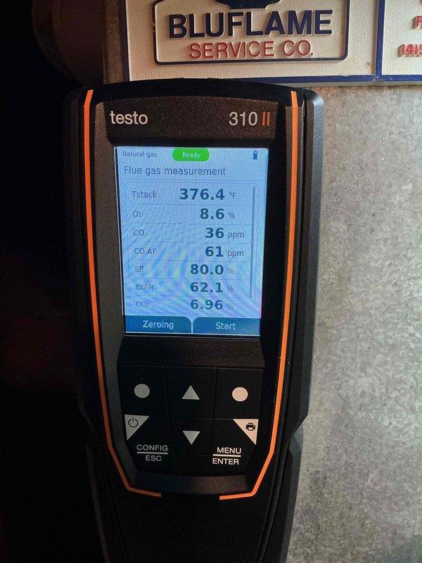 Performed standard furnace tune-up service on residential heating system. Conducted combustion analysis using Testo 310 II analyzer, which revealed stack temperature of 376.4°F, O₂ at 8.6%, CO at 36ppm, and system efficiency at 80.0%. All readings within acceptable parameters; no issues requiring immediate attention identified.