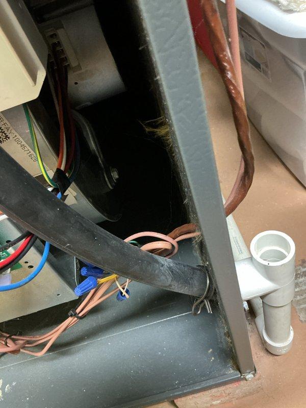 Completed scheduled furnace tune-up service. Inspected electrical connections and wiring, confirming proper terminations at control board. Examined condensate drainage system including PVC piping and connections for proper installation and function.