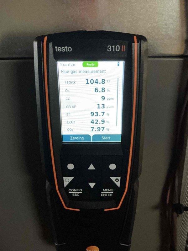 Performed standard heating maintenance on a Lennox furnace system. Conducted combustion analysis with Testo 310 II analyzer, confirming proper operation with 93.7% efficiency, CO levels at 9 ppm, and CO₂ at 7.97% for the natural gas system. All ventilation components and ductwork were inspected and found to be in satisfactory condition.