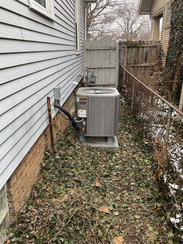 Successfully installed a 2.5 ton, 13 SEER condensing unit with new coil on an elevated equipment pad with 6" pump-ups to prevent water intrusion issues in the side yard. Installation included running a new 3/4" lineset, installing a new 30 amp disconnect and whip, while preserving the existing thermostat for system control.