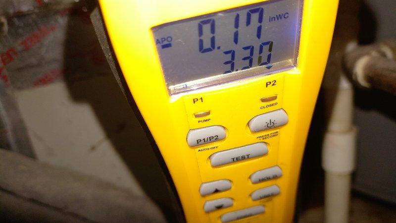 Responded to no heat call for 15-year-old natural gas furnace. Diagnostic testing revealed low gas pressure reading of 0.17 inWC, significantly below manufacturer specifications. Adjusted gas pressure regulator to proper operating range, restoring heat function to system.