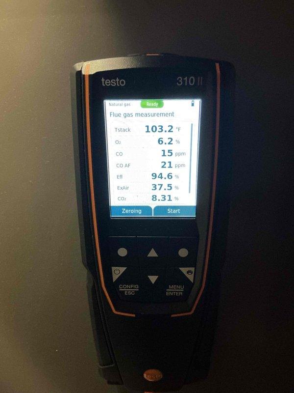 Performed scheduled heating maintenance on Lennox furnace. Conducted combustion analysis using Testo 310 II analyzer, confirming excellent efficiency at 94.6% with CO readings within safe parameters (15 ppm). Inspected Space-Gard Air Cleaner and verified proper venting system operation.