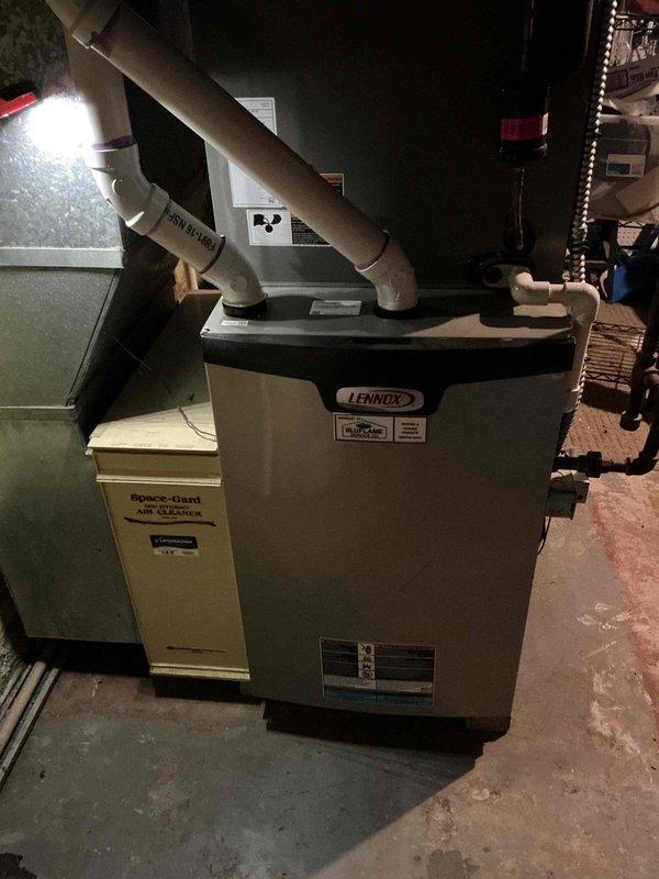 Performed scheduled heating maintenance on Lennox furnace. Conducted combustion analysis using Testo 310 II analyzer, confirming excellent efficiency at 94.6% with CO readings within safe parameters (15 ppm). Inspected Space-Gard Air Cleaner and verified proper venting system operation.