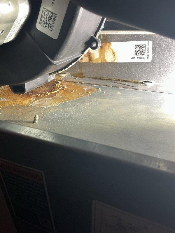 Performed a heating maintenance tune-up as first call of the day. Observed significant corrosion/rust on metal components of the unit, indicating possible water damage or fluid leakage. Conducted combustion analysis with Testo 310 II analyzer showing satisfactory readings: 94.4% efficiency, CO at 12 ppm, and stack temperature at 109.8°F.