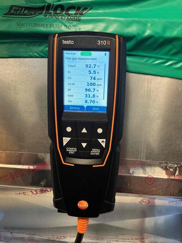 Performed annual furnace maintenance service on customer's unit. Conducted combustion analysis using Testo 310 II analyzer, achieving 96.7% efficiency with acceptable CO readings (74 ppm) and proper oxygen levels (5.5%). Inspected control board diagnostic system with no error codes present and confirmed proper operation of all safety systems.