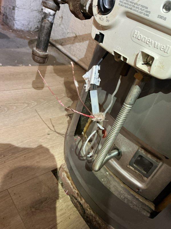 Diagnosed and serviced Honeywell control unit on tanked water heater that was not producing hot water. Inspection revealed circuit board issues and compromised wiring connections within the control module. Repaired exposed wire connections and cleaned corrosion from metal components to restore proper functionality.