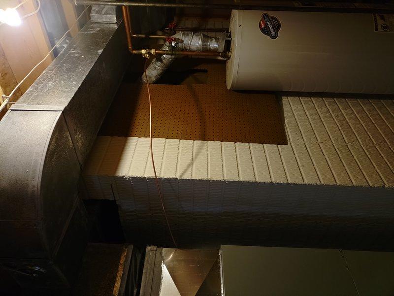 Completed humidifier repair including installation of electrical connections and plumbing components. Installed insulated ductwork and secured all connections with appropriate fittings and valves. All necessary parts were available on truck and the repair was successfully completed with photographic documentation.