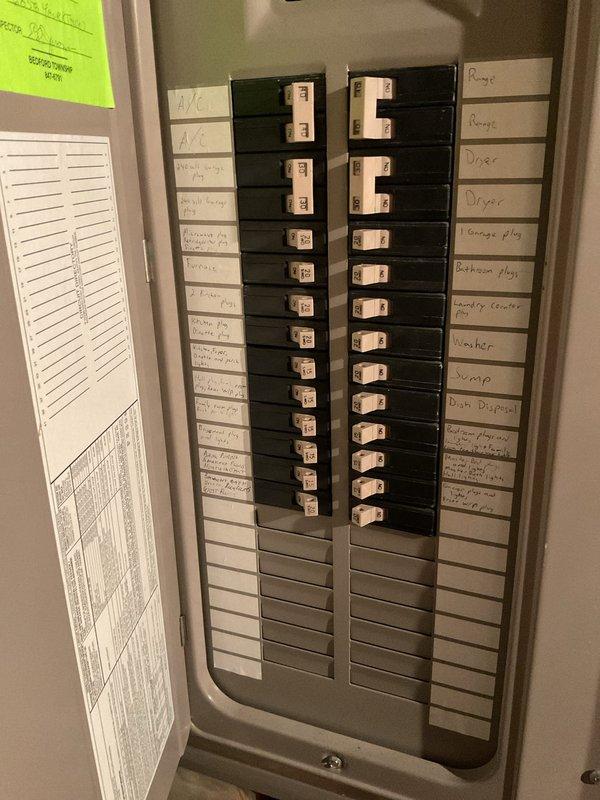 Conducted comprehensive assessment of existing Trane outdoor AC unit showing signs of wear, positioned adjacent to house foundation with proper electrical connections. Inspected electrical panel to verify circuit capacity for potential system replacement, noting dedicated A/C breaker and overall electrical infrastructure. Provided estimate for full AC replacement with option to include furnace replacement based on evaluation findings.