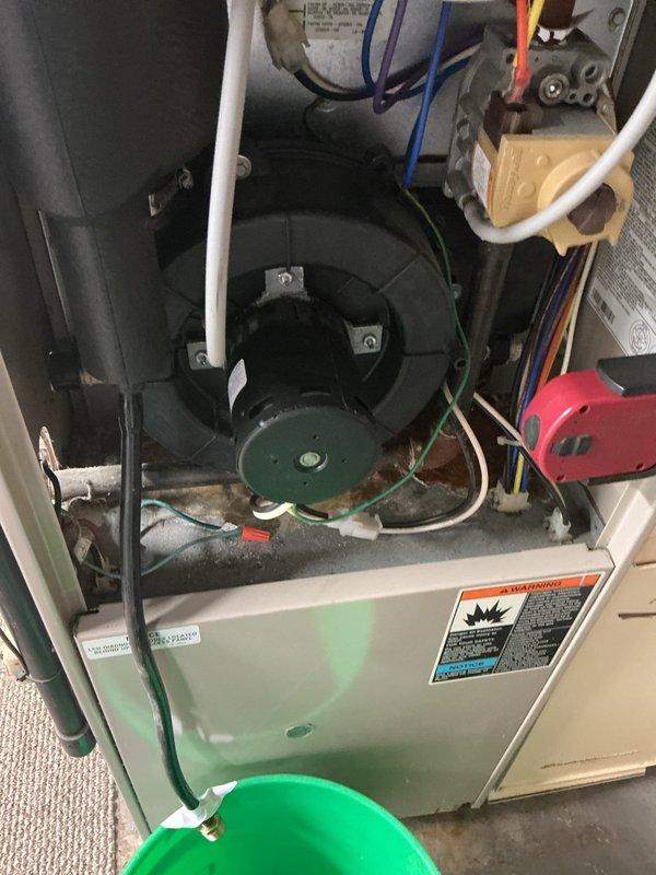 Diagnosed malfunctioning furnace and identified failed exhaust motor as the root cause. Opened unit to inspect internal wiring connections and blower assembly, confirming proper installation of replacement parts would be possible. Recommended replacement of exhaust motor to restore proper furnace operation.