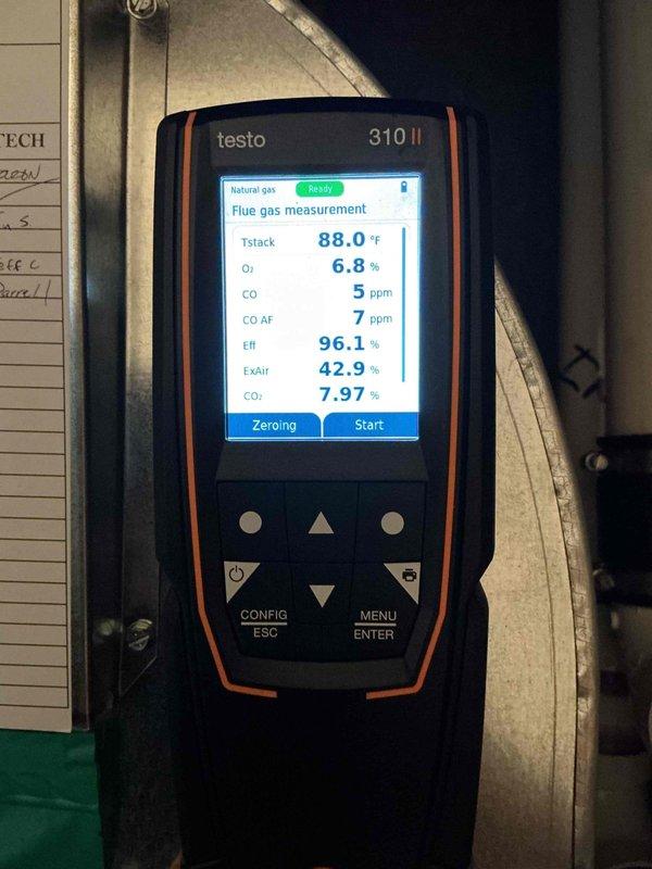 Performed diagnostic assessment on 5-year-old furnace that wasn't turning on. Utilized Testo 310 II gas analyzer to evaluate combustion efficiency, confirming proper operation with readings of 96.1% efficiency, CO at 5 ppm, and appropriate stack temperature of 88.0°F. Verified all connections and venting were intact, with condensate pump functioning correctly.