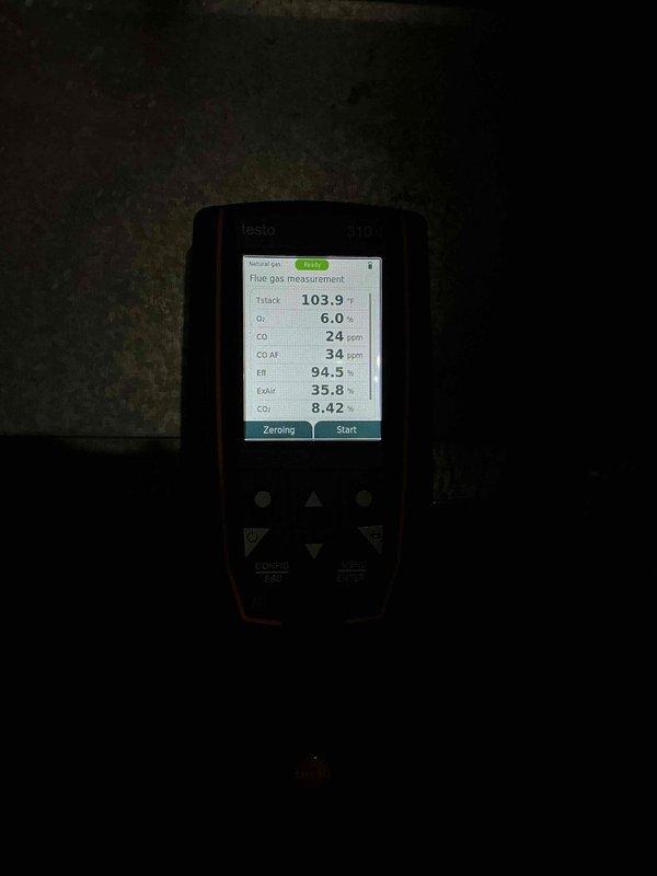 Performed routine maintenance on 3-year-old gas furnace. Conducted combustion analysis with Testo 310 gas analyzer showing excellent efficiency at 94.5% with safe CO levels (24 ppm) and proper air/fuel ratio (CO₂ at 8.42%). Inspected Aprilaire humidifier (model 600) and associated control system, confirming proper operation with temperature reading at 75°F.
