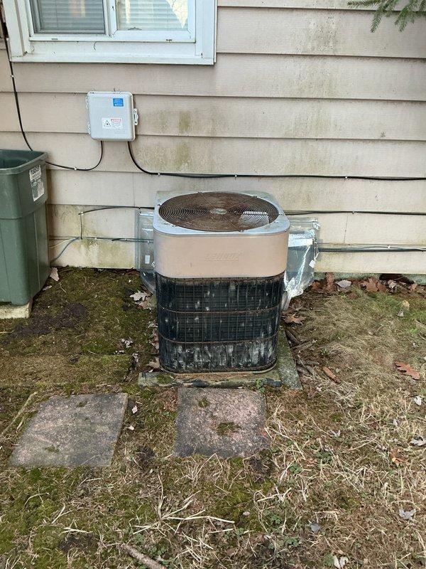 Performed scheduled AC tune-up on Ruud outdoor unit. Inspected electrical connections at junction box and noted weathering with visible moss/mildew growth on both the box and adjacent siding. Unit was operational but showing signs of age with dirt accumulation on exterior surfaces; cleaned accessible components and verified proper system function.