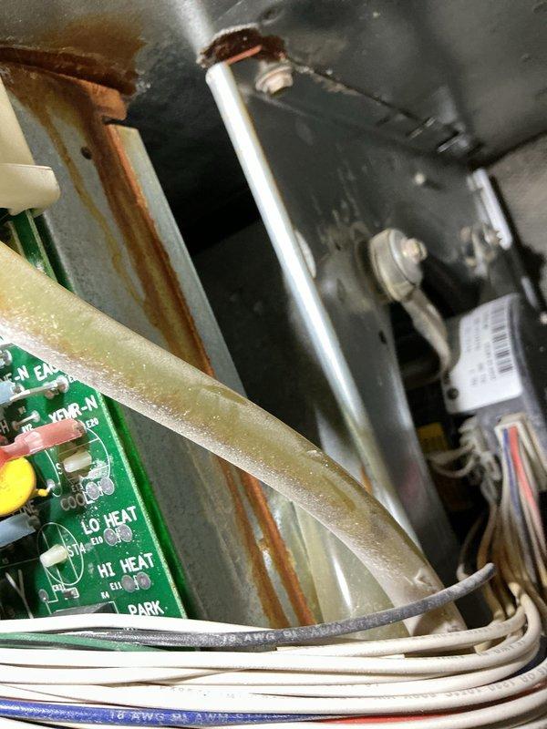 Responded to service call for a Trane XC 90 furnace with non-functioning blower fan. Diagnosed issue with the control board showing signs of corrosion and oxidation near power connections. Replaced faulty circuit board and tested system operation, confirming proper blower fan function and heat cycle sequence.