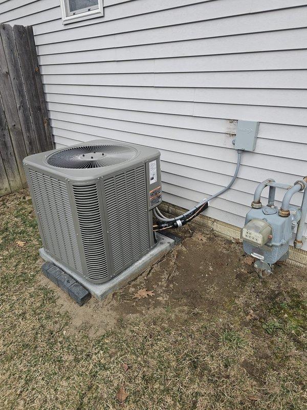 Successfully installed a complete Lennox 17 SEER 2-ton system with 70kBTU 96% efficient 2-stage furnace featuring variable speed blower. Installation included fabricating new metal supply plenum, running new lineset, setting condenser on concrete pad, installing electrical disconnects, completing gas line and electrical connections, and mounting Honeywell T6 thermostat, with all components verified level and properly secured.