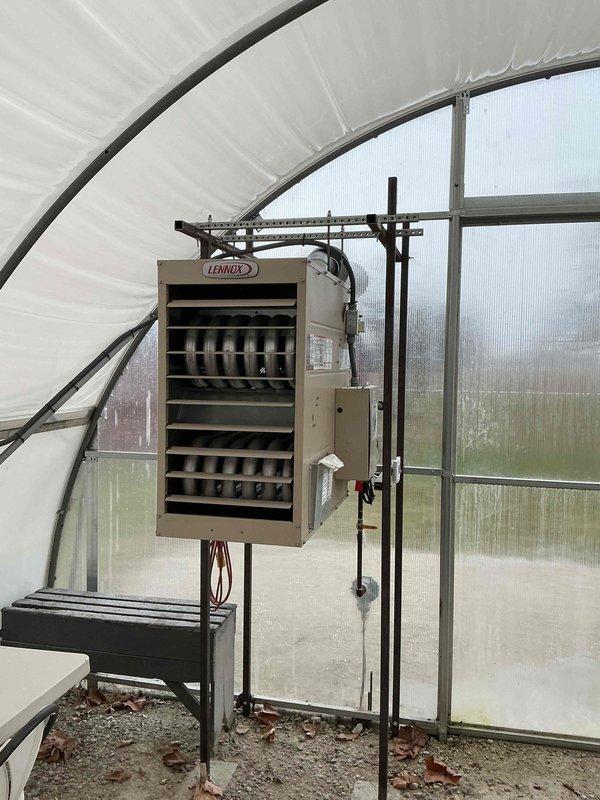Performed annual heating maintenance on three propane furnaces in greenhouse facility, including the Lennox suspended unit heater. Inspected fan assemblies, heat exchangers, electrical connections, and verified proper operation of all three systems which are under 10 years old. All units are functioning within normal parameters with no significant issues observed.