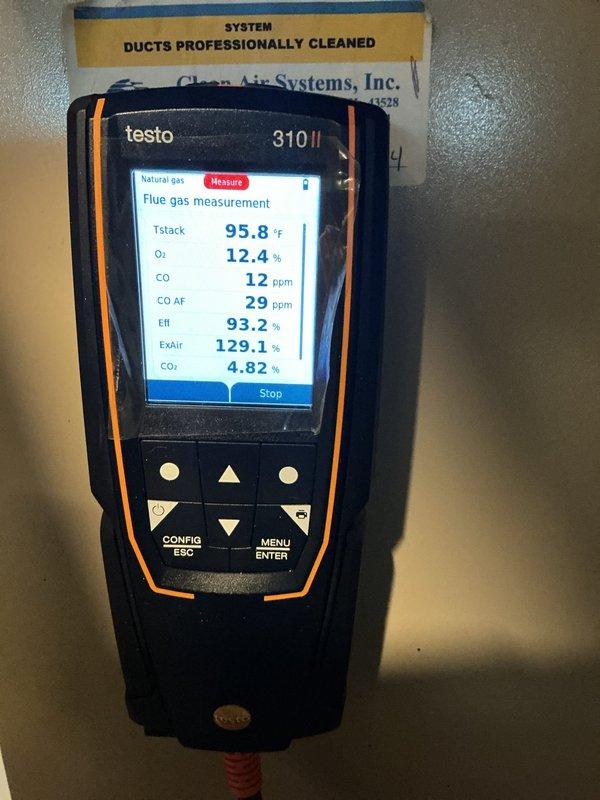 Performed scheduled heating maintenance service. Conducted comprehensive combustion analysis on natural gas system using Testo 310 II analyzer, confirming proper operation with excellent efficiency readings (92.2-93.2%). Documented optimal CO levels (7-12 ppm) and verified system is operating safely with good combustion parameters.