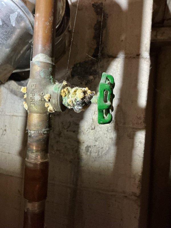 Performed annual furnace maintenance service, identifying significant mineral buildup and corrosion on the water shut-off valve connected to the copper supply line. Inspected internal electrical components and wiring connections (blue, yellow, red, green) within the control board housing, ensuring proper functionality of the system.