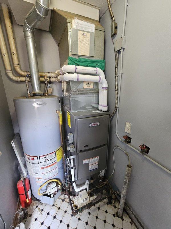 Successfully installed a new 45kBtu 96% efficient downflow furnace with custom metal ductwork modifications. Connected and configured Honeywell WiFi thermostat to provide remote system control. Verified proper system operation, level installation, and all connections including PVC venting and electrical components.