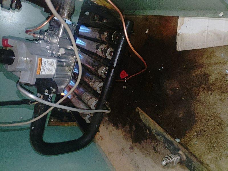 Responded to callback regarding no heat condition after pilot light outage on boiler system. Inspected heat exchanger assembly which showed signs of moisture exposure and aging. Relit pilot light, verified proper flame characteristics, and confirmed system operation through complete heating cycle.