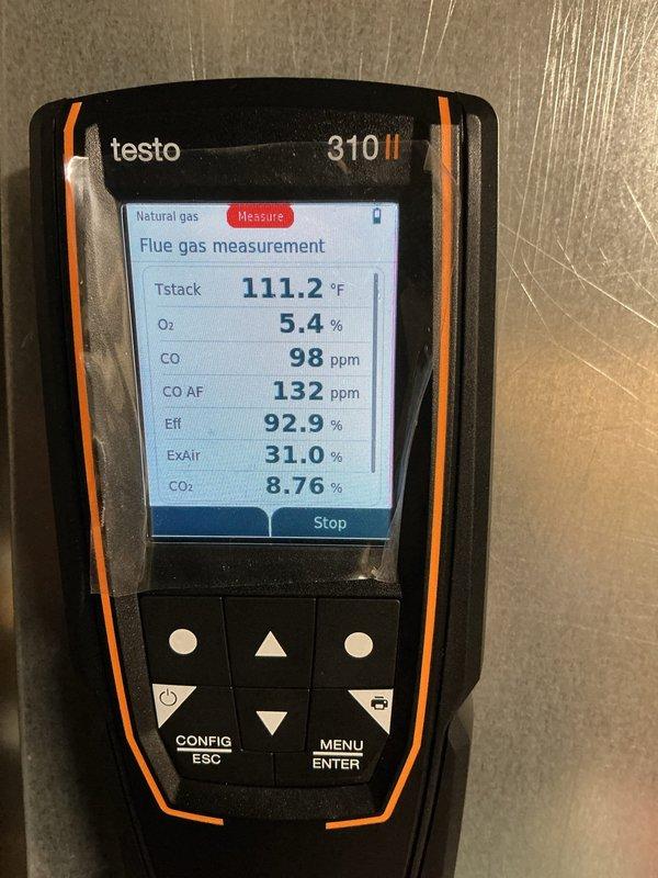 Responded to service call for gas leak on 12-year-old furnace. Conducted comprehensive combustion analysis using Testo 310 II analyzer, which revealed elevated CO levels (98-127 ppm) and stack temperatures between 111-114°F. System operating at 92.6-92.9% efficiency with excess air levels of 27.9-31.0%.