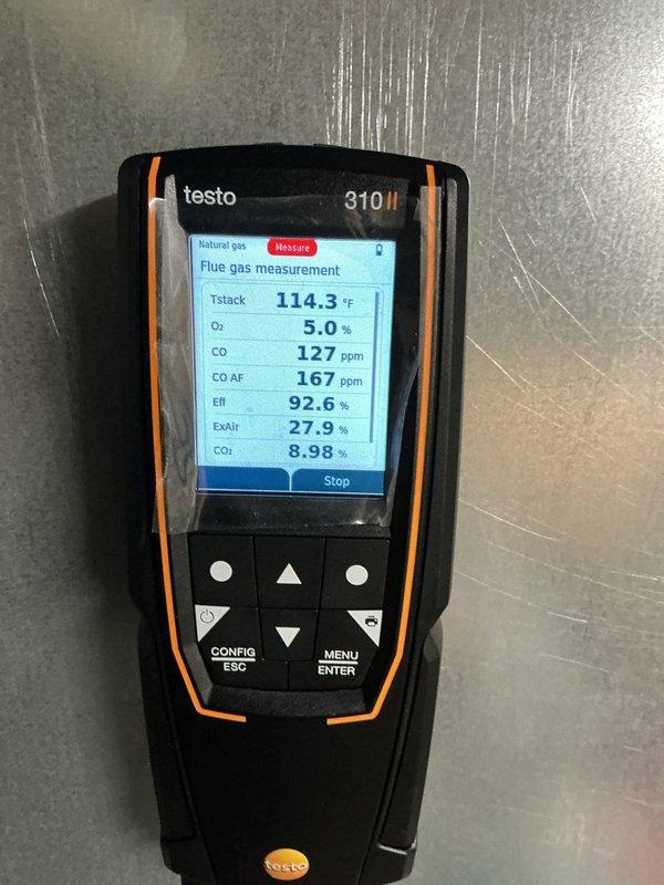 Responded to service call for gas leak on 12-year-old furnace. Conducted comprehensive combustion analysis using Testo 310 II analyzer, which revealed elevated CO levels (98-127 ppm) and stack temperatures between 111-114°F. System operating at 92.6-92.9% efficiency with excess air levels of 27.9-31.0%.