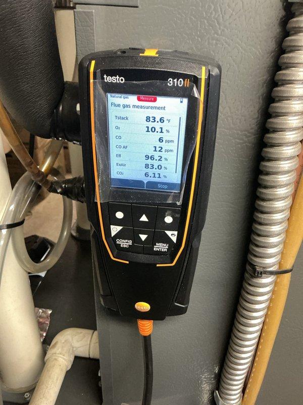 Performed standard maintenance on 8-year-old furnace. Conducted combustion analysis with Testo 310 II analyzer, confirming optimal performance with 96.2-96.4% efficiency, minimal CO levels (6 ppm), and proper CO₂ readings (6.05-6.11%). System is operating within manufacturer specifications.