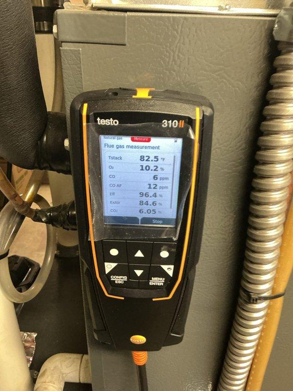 Performed standard maintenance on 8-year-old furnace. Conducted combustion analysis with Testo 310 II analyzer, confirming optimal performance with 96.2-96.4% efficiency, minimal CO levels (6 ppm), and proper CO₂ readings (6.05-6.11%). System is operating within manufacturer specifications.