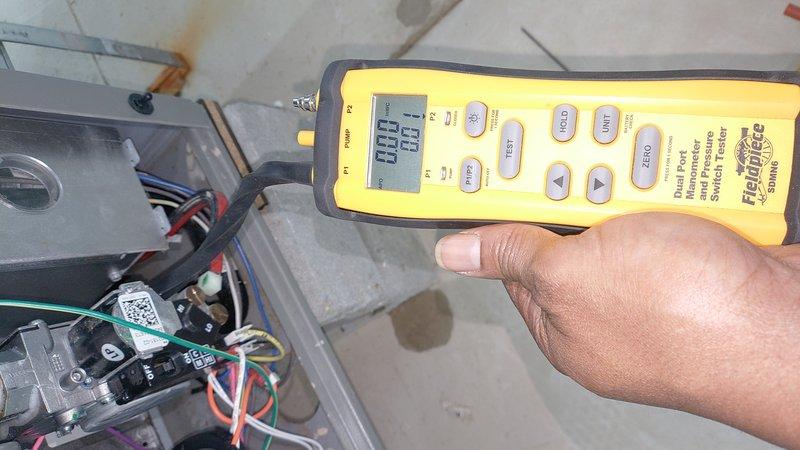 Responded to emergency service call for gas leak on 4-year-old Lennox furnace. Performed comprehensive diagnostics using Fieldpiece pressure meter, which confirmed gas pressure irregularities with readings of 101.1/2.6. After testing, successfully located and repaired the gas leak, restoring system to safe operating parameters with verified zero leakage on final testing.